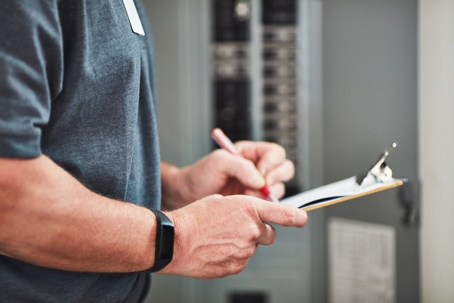 electrical worker with clipboard doing inspection